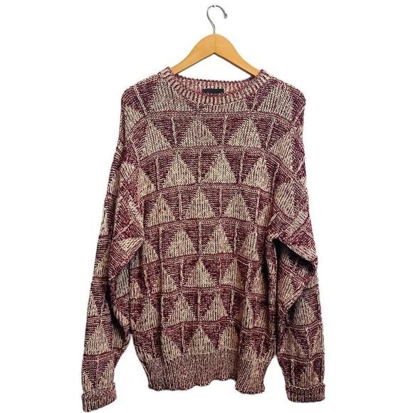 John Weitz Maroon Kint Pullover Medium Sweater Made in USA Y2K Triangular Print - Picture 1 of 10